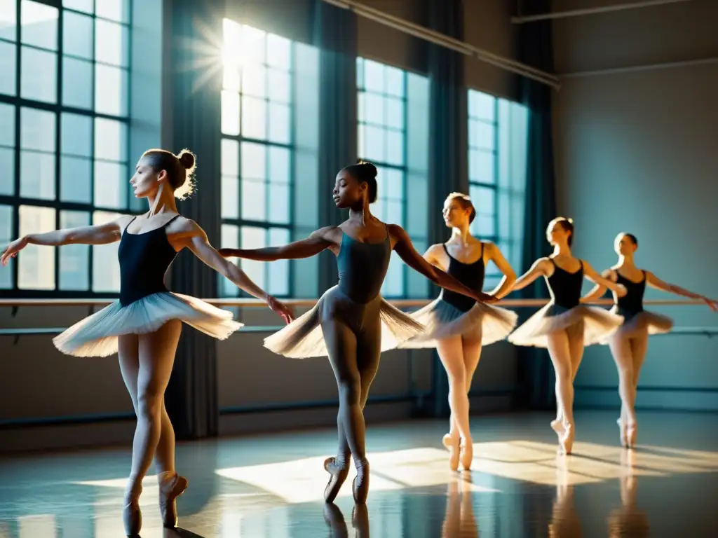 Grupo de bailarines de ballet ejecutan movimientos elegantes en un estudio soleado, transmitiendo pasión y precisión