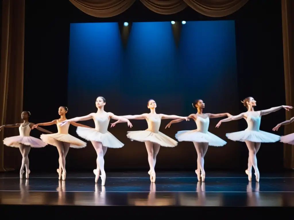 Un grupo de bailarines de ballet ejecutan movimientos elegantes en un escenario iluminado, cautivando al público