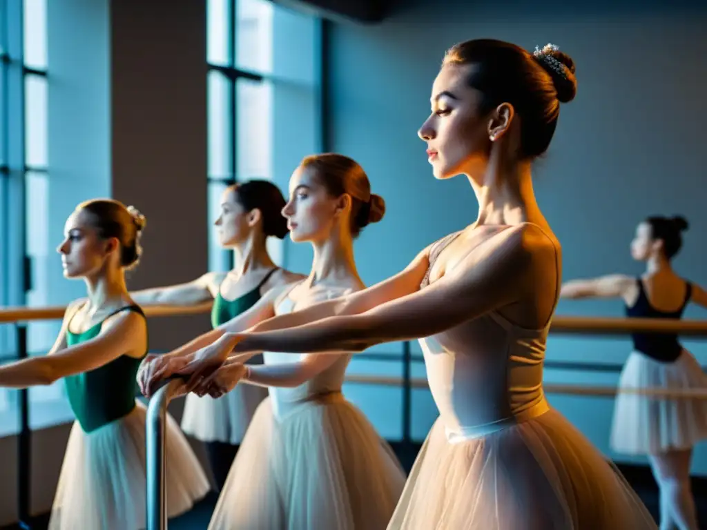 Grupo de bailarines de ballet ejecutando movimientos precisos en un estudio bien iluminado