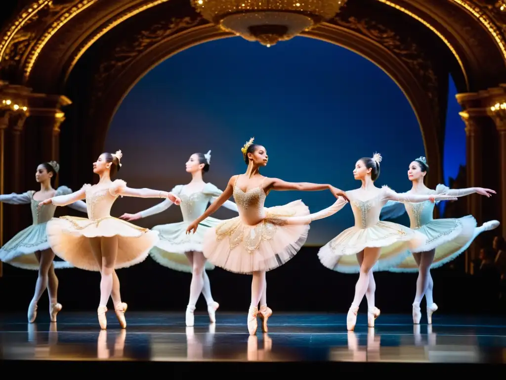 Grupo de bailarines del Ballet de la Ópera de París ejecutando un arabesco en puntas, en un escenario iluminado, con vestuarios elegantes y detallados