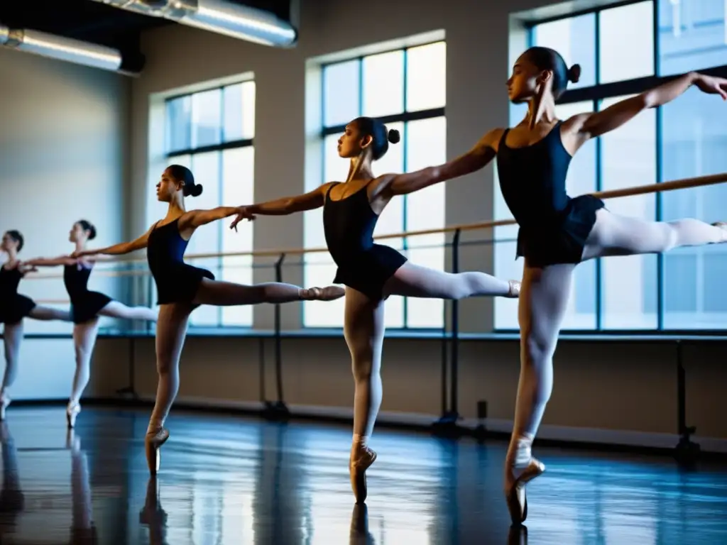 Grupo de bailarines de ballet ejecutando piruetas y saltos con intensidad, reflejando el efecto de la cafeína en bailarines