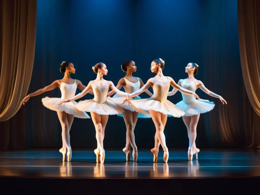 Grupo de bailarines de ballet profesionales ejecutando una rutina compleja en el escenario, mostrando la belleza etérea y la disciplina del ballet