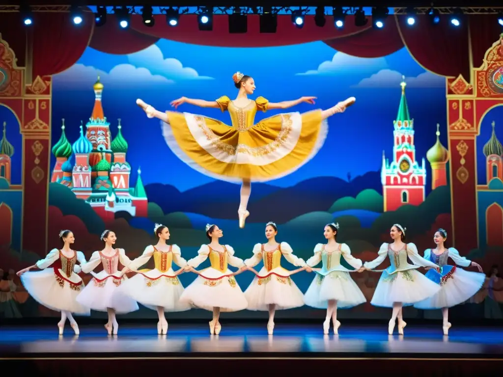 Grupo de bailarines de ballet ruso en escenario, deslumbrante y lleno de energía