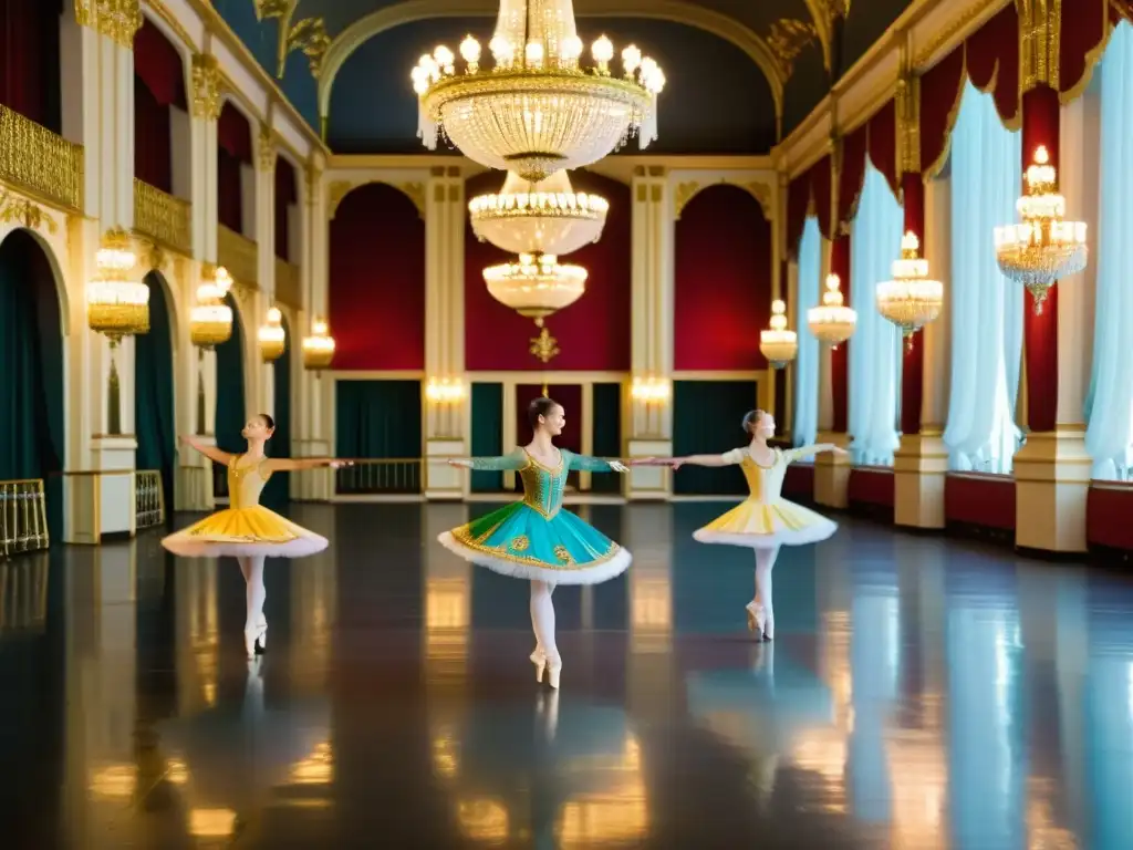 Un grupo de bailarines de ballet rusos practicando en un elegante salón de baile, capturando la esencia de los retiros de danza tradicional en Rusia con gracia y precisión