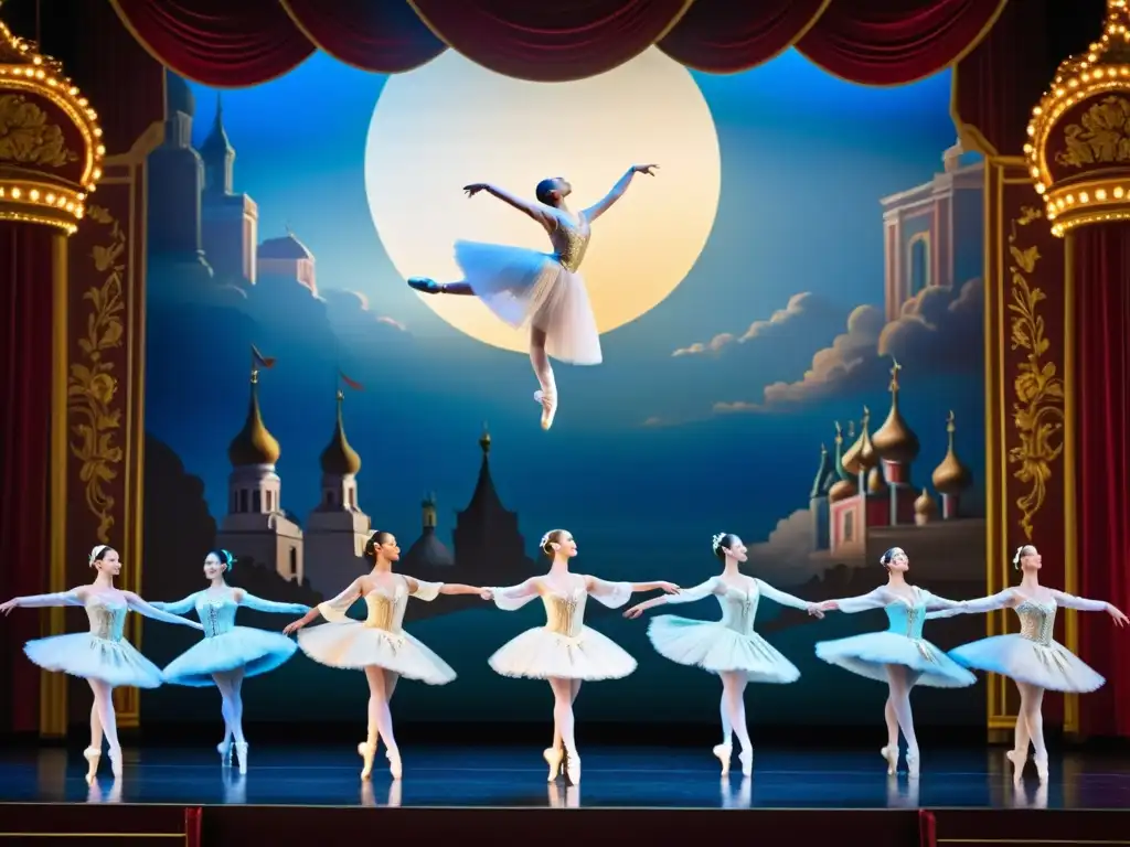 Grupo de bailarines de ballet rusos ejecutando un grand jeté sincronizado en un teatro opulento, destacando la influencia del ballet ruso en danza clásica