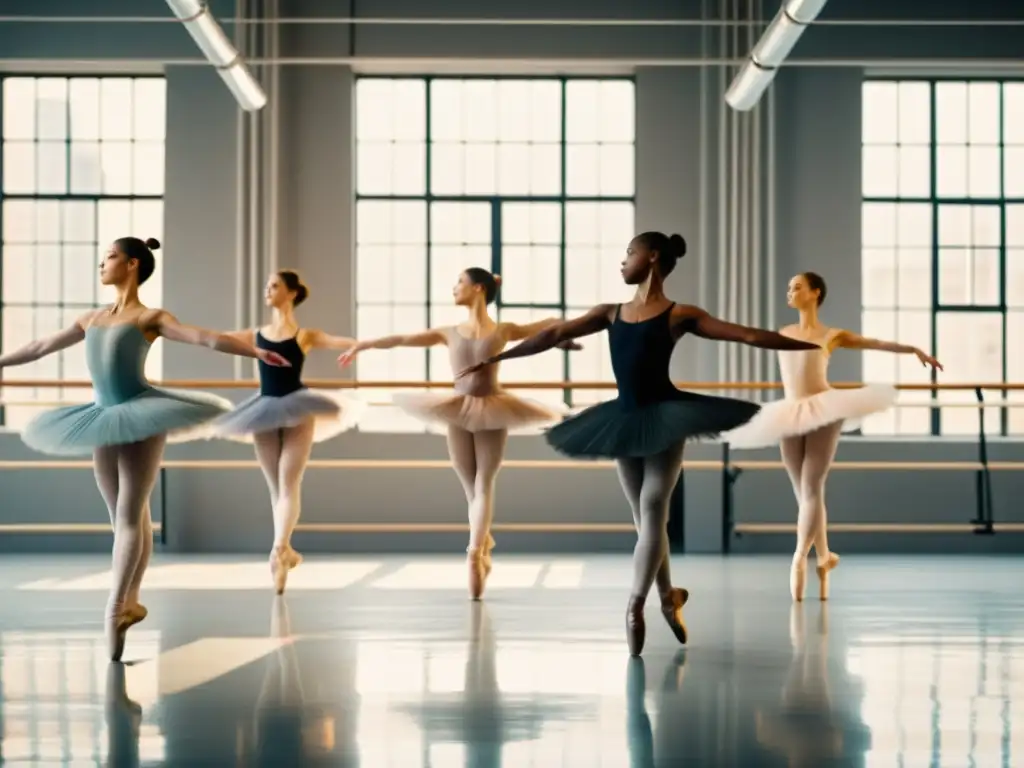 Un grupo de bailarines de ballet ejecuta un salto sincronizado con gracia en un estudio, iluminados por la suave luz natural