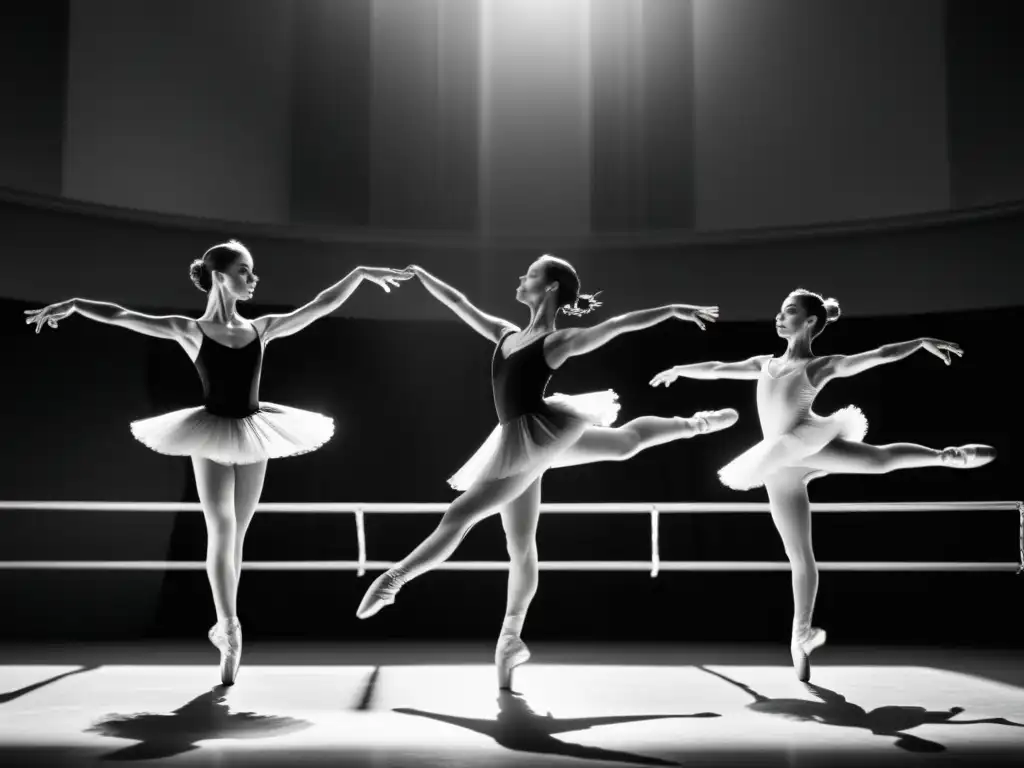 Grupo de bailarines de ballet en salto sincronizado en escenario soleado