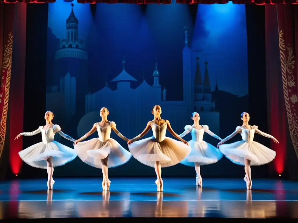 Grupo de bailarines de ballet en trajes tradicionales rusos ejecutan una actuación emotiva y poderosa en escena, congelados en un salto