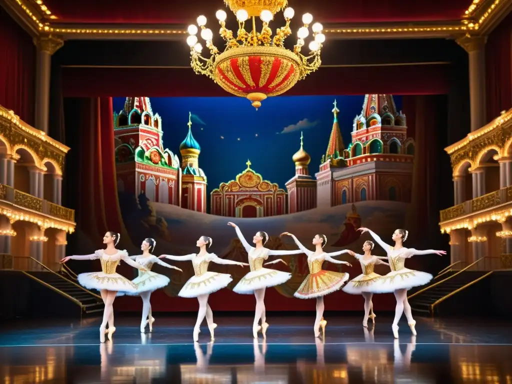 Grupo de bailarines de ballet en trajes rusos practicando en un escenario adornado con decoraciones doradas y rojas