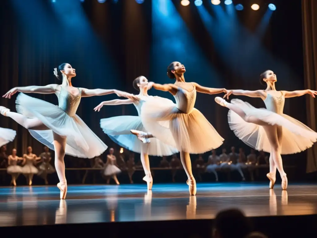 Un grupo de bailarines de ballet, con trajes elegantes, realizan una actuación emotiva en el escenario, evocando emociones a través de la música