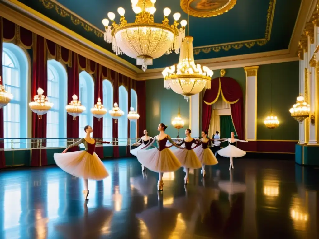 Un grupo de bailarines de ballet en trajes tradicionales rusos practicando en un elegante salón de baile