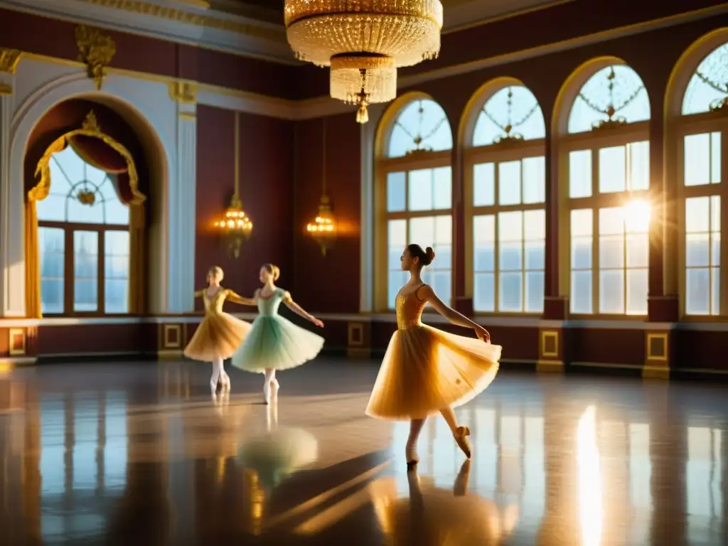 Grupo de bailarines de ballet en trajes rusos practicando en un salón grandioso con luz dorada