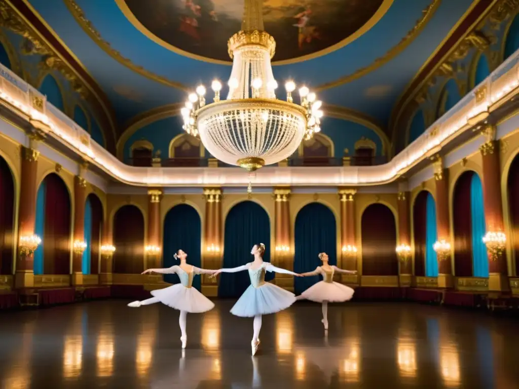 Grupo de bailarines de ballet en trajes tradicionales rusos en una elegante sala de baile con candelabros dorados y frescos en el techo