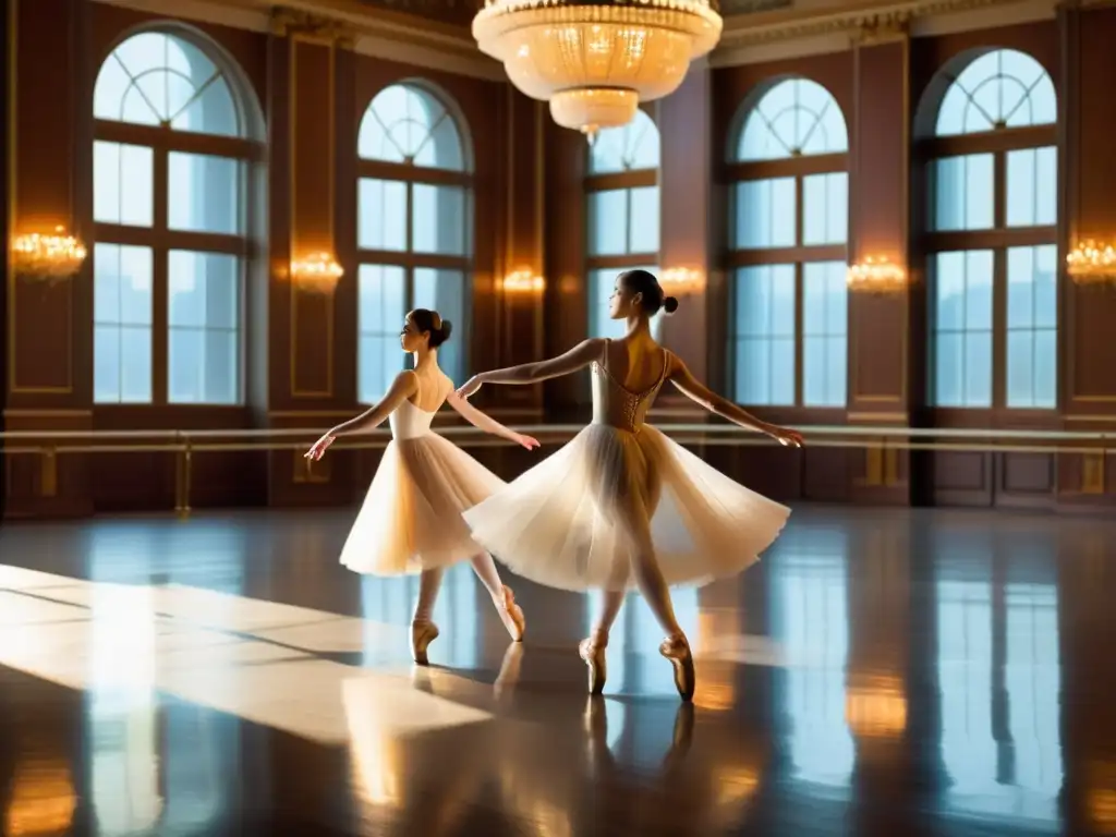 Un grupo de bailarines de ballet en trajes tradicionales practicando movimientos precisos y elegantes en un gran salón con luz natural