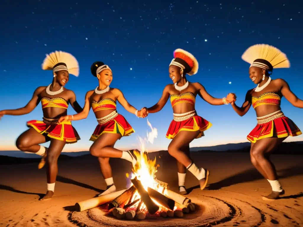 Grupo de bailarines Bantu danzando alrededor de una fogata bajo un cielo estrellado