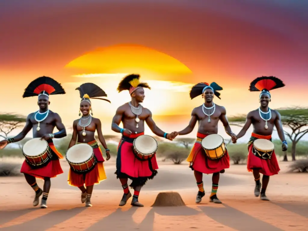 Grupo de bailarines Bantu danzando alrededor de un tambor en trajes vibrantes en paisaje africano al atardecer