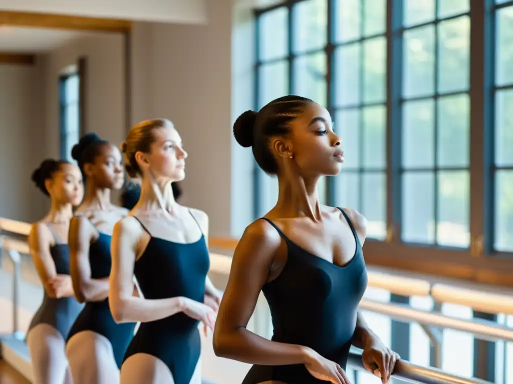 Grupo de bailarines en barra ejecutando pliés con gracia y disciplina