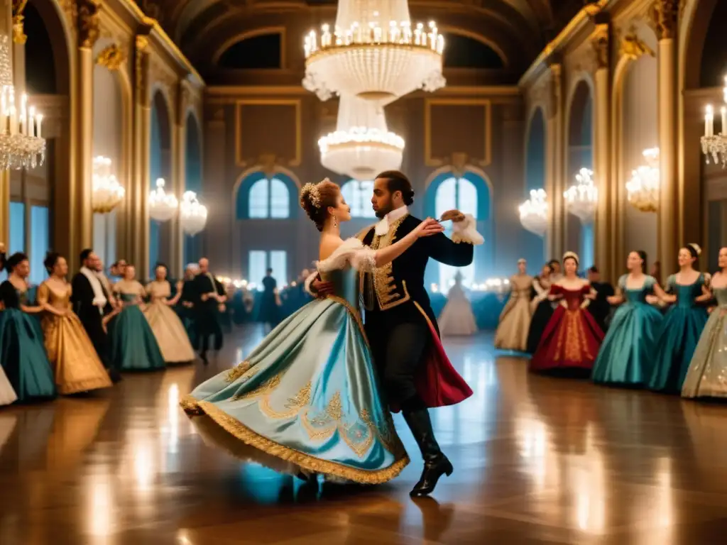 Grupo de bailarines barrocos franceses ejecutando la Gigue en un salón opulento