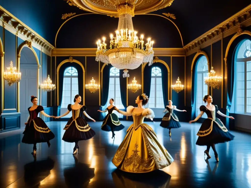 Un grupo de bailarines barrocos franceses ejecutando con gracia movimientos precisos en un salón opulento con espejos dorados y candelabros