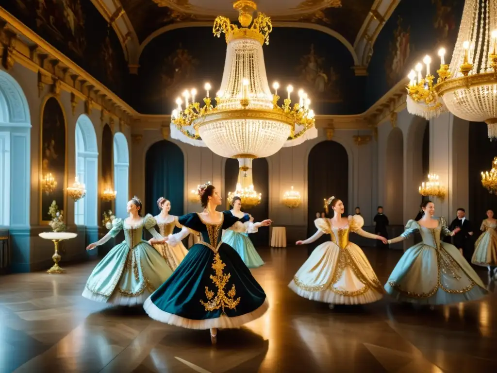 Grupo de bailarines barrocos en un majestuoso salón de baile, deslumbrante elegancia en movimiento