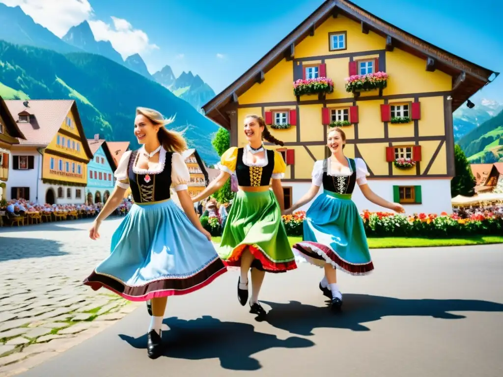 Un grupo de bailarines bávaros en trajes tradicionales, realizando una animada polka