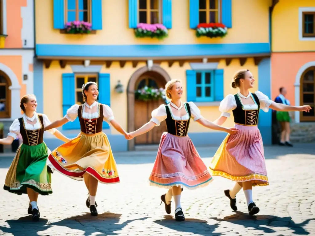 Grupo de bailarines bávaros en trajes tradicionales, bailando con alegría en la plaza del pueblo