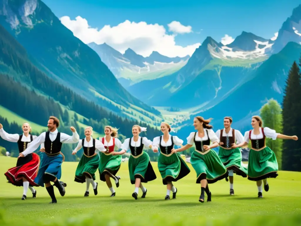 Grupo de bailarines bávaros en trajes tradicionales realizando el baile Schuhplattler en un prado alpino, evocando la riqueza cultural y la belleza natural del folklore bávaro