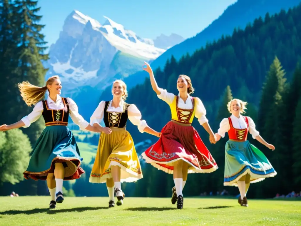 Grupo de bailarines bávaros en trajes tradicionales interpretando el Schuhplattler en un prado alpino, con montañas nevadas al fondo y cielo azul