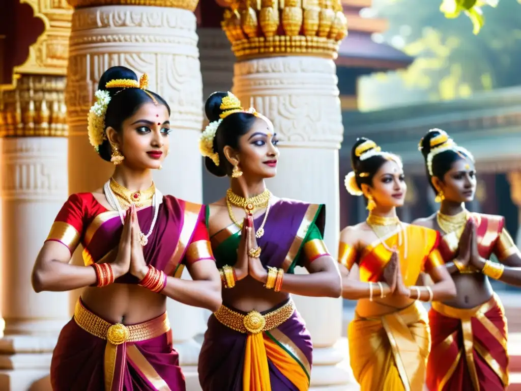 Un grupo de bailarines de Bharatanatyam en trajes tradicionales, posando con gracia frente a un templo adornado