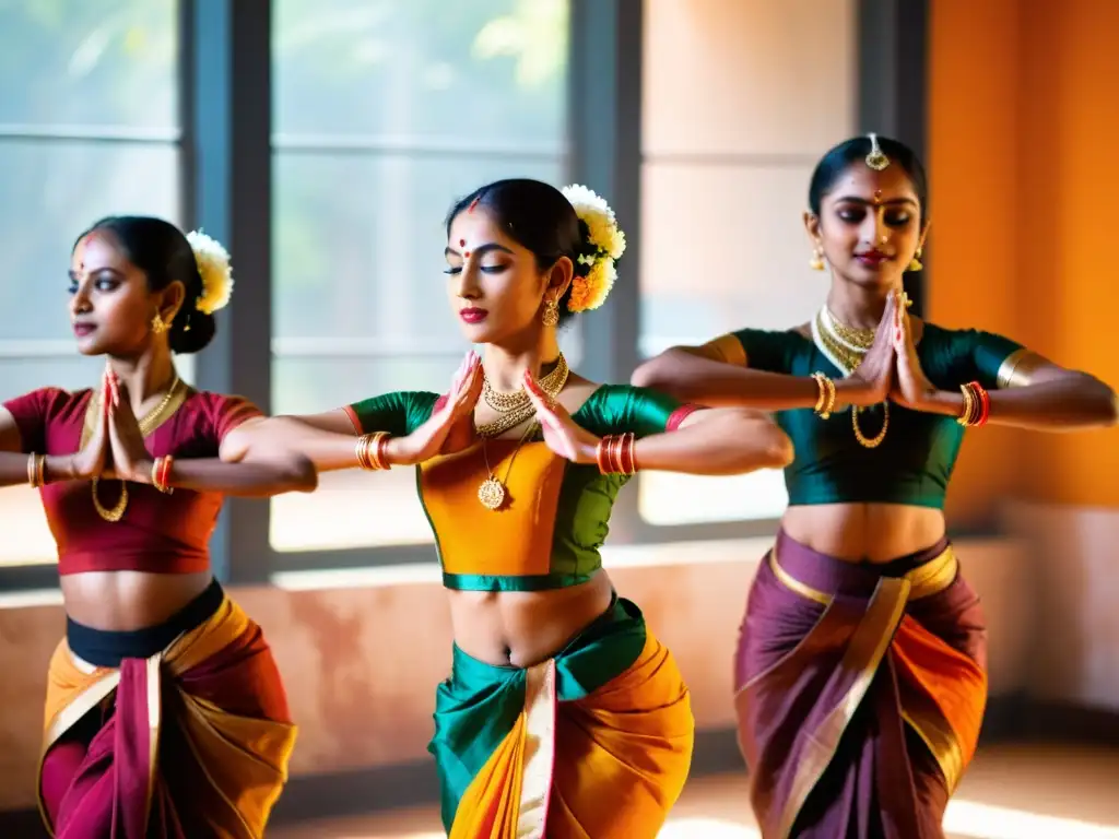 Grupo de bailarines de Bharatanatyam en trajes tradicionales, ejecutando movimientos precisos y expresivos en un estudio de danza, capturando la esencia de los Retiros de danza clásica India