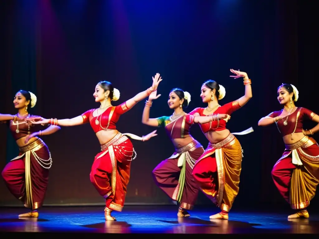 Grupo de bailarines de Bharatanatyam con trajes tradicionales vibrantes, realizando movimientos precisos y expresando emociones