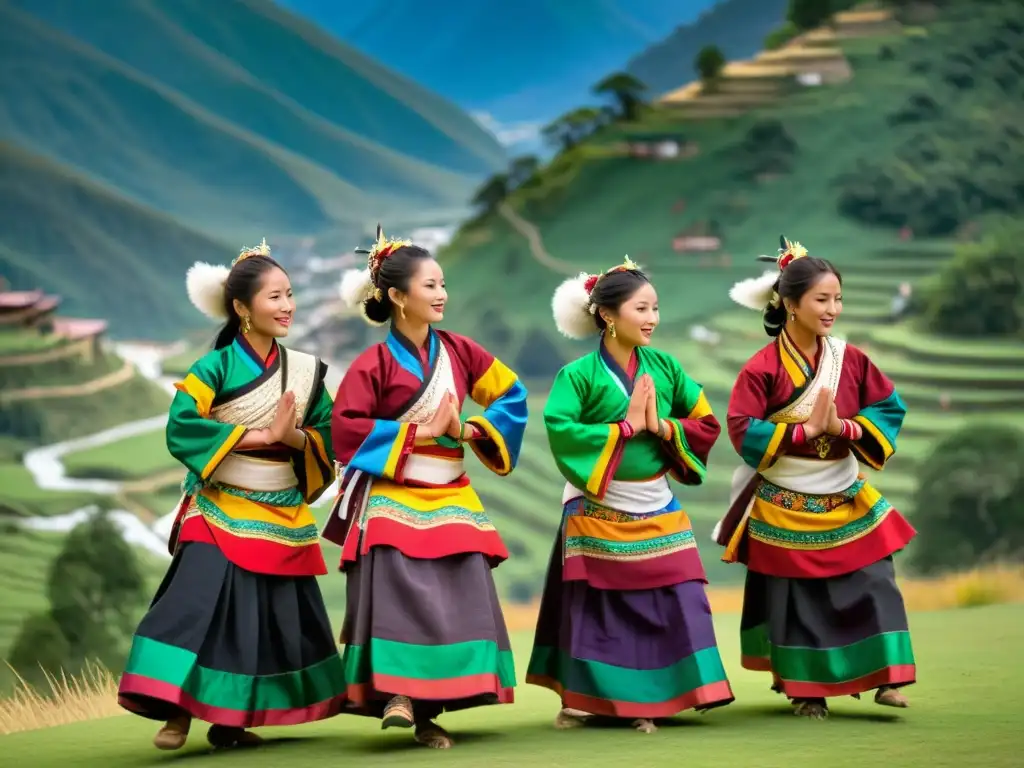 Grupo de bailarines de Bhután en trajes tradicionales, danza y paisaje montañoso