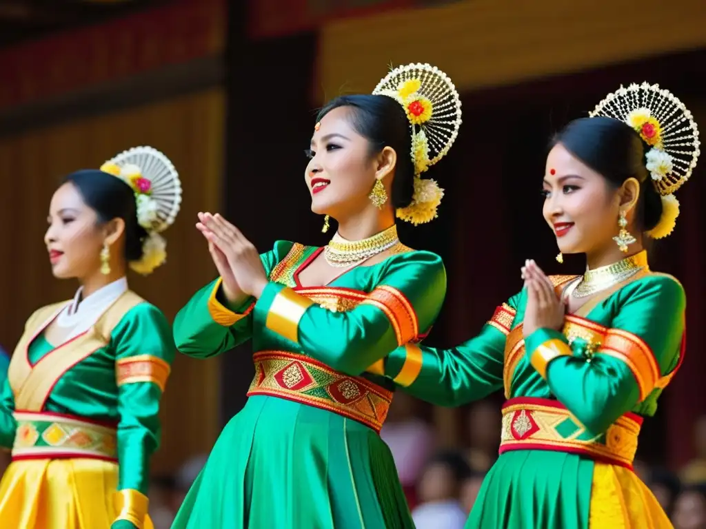 Deslumbrante baile tradicional birmano con coloridos trajes Grupo de bailarines birmanos con trajes coloridos en la danza, vibrante y lleno de energía