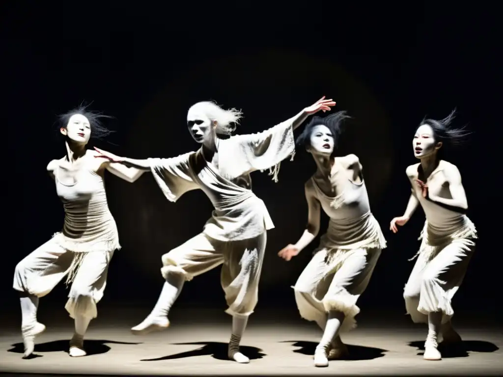 Un grupo de bailarines Butoh en túnica blanca, contorsionando cuerpos en poses surrealistas y espeluznantes en un escenario neblinoso