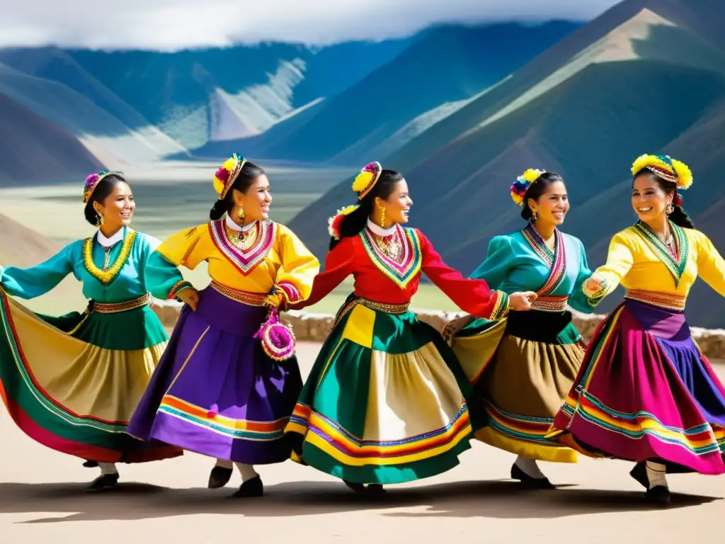 Grupo de bailarines bolivianos danzando la cueca, con trajes tradicionales y movimientos expresivos