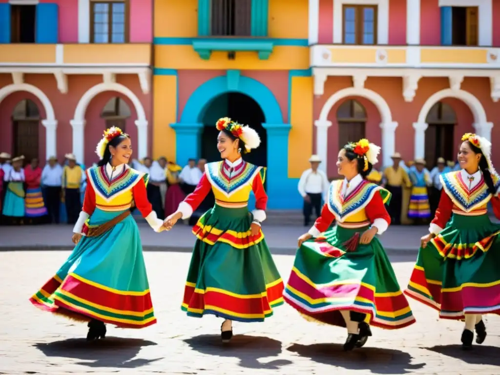 Un grupo de bailarines bolivianos ejecuta la danza de la Cueca en una plaza vibrante, mostrando el significado cultural de la Cueca boliviana