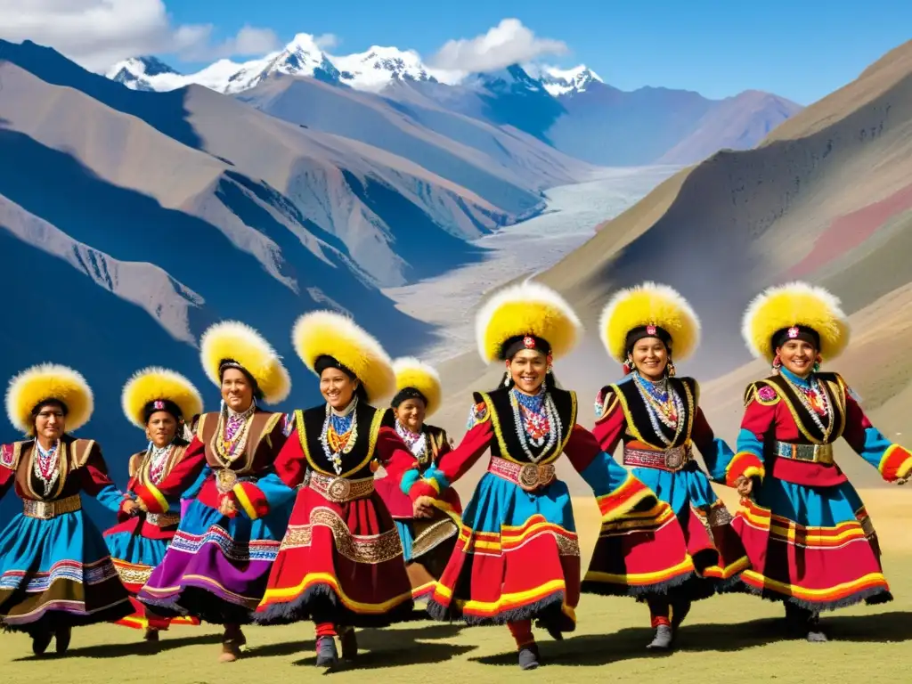 Un grupo de bailarines bolivianos vistiendo trajes tradicionales Tinkus, danzando con pasión y fuerza en las montañas andinas