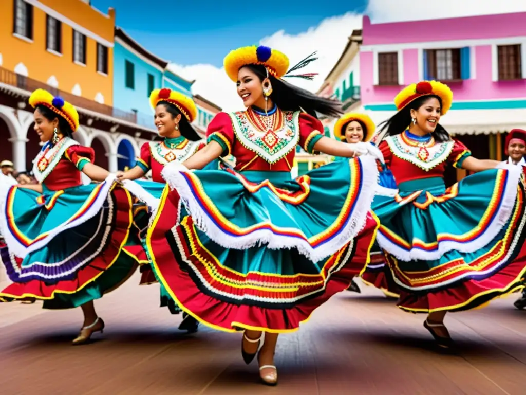 Un grupo de bailarines bolivianos vistiendo trajes tradicionales, bailando la energética Cueca Boliviana, rodeados de una animada plaza