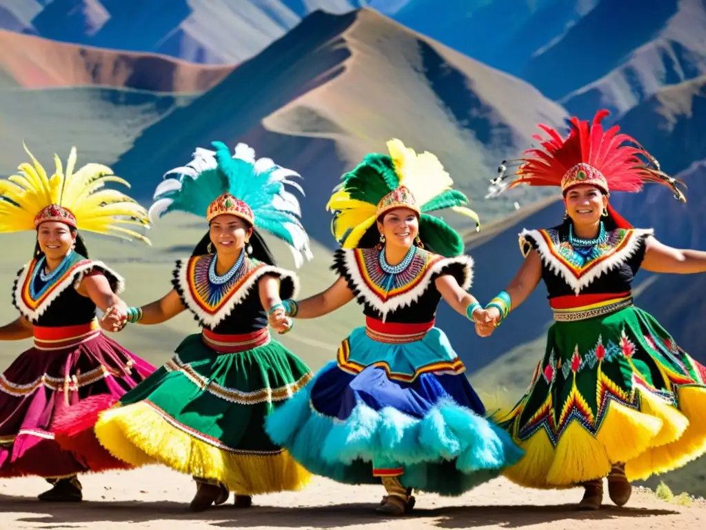 Danza Kullawada: Colorida tradición en los Andes Grupo de bailarines Kullawada bolivianos danzando con trajes tradicionales coloridos y detallados, en las montañas andinas