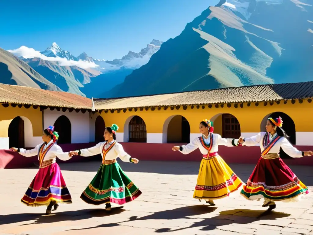 Grupo de bailarines bolivianos en trajes vibrantes realizando la danza Cueca en un patio soleado, con montañas andinas al fondo