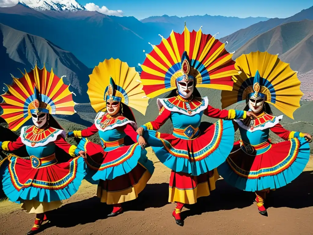 Grupo de bailarines bolivianos con vibrantes vestuarios de diablada, danzando frente a los Andes