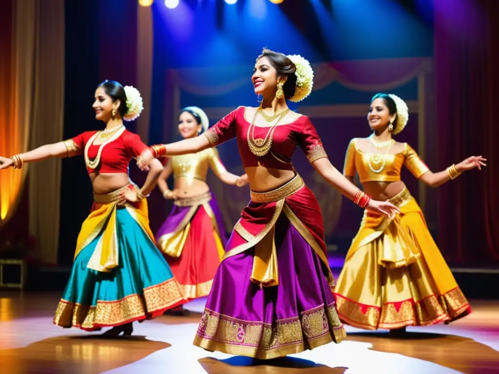 Grupo de bailarines de Bollywood en trajes coloridos, ejecutando una danza tradicional