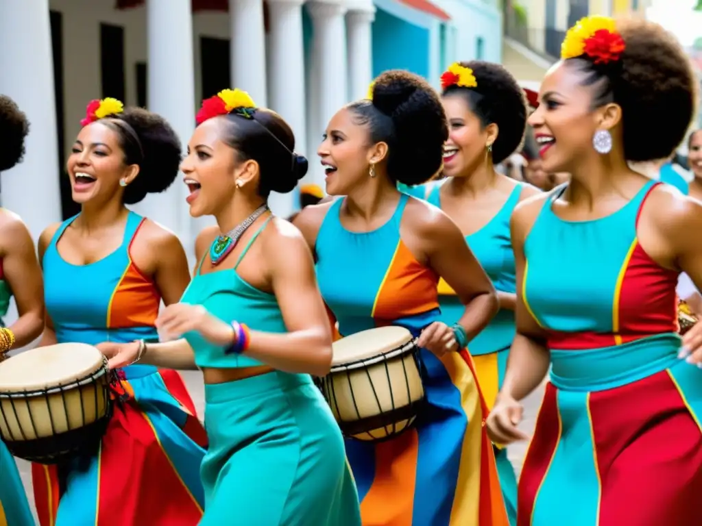 Un grupo de bailarines de Bomba Puertorriqueña, vistiendo trajes tradicionales vibrantes, danzan al ritmo de los tambores en un entorno al aire libre