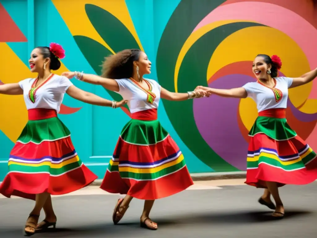 Grupo de bailarines de Bomba puertorriqueña con trajes tradicionales, expresiones intensas y orgullo cultural