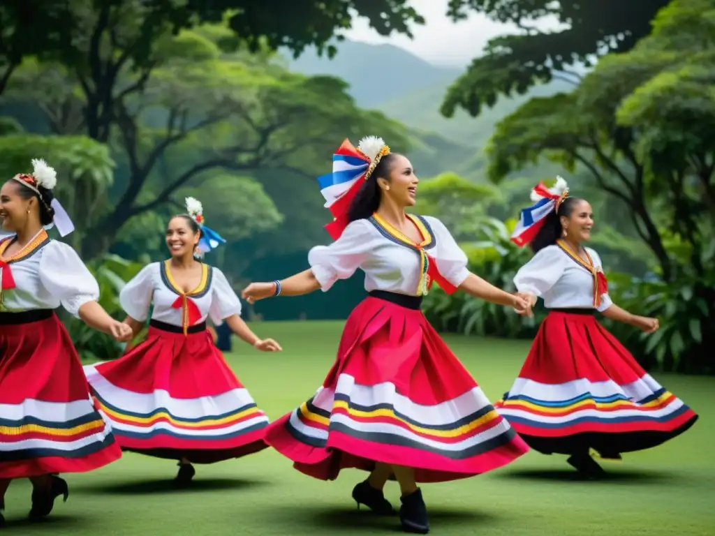 Un grupo de bailarines de Bomba con trajes tradicionales puertorriqueños, moviéndose con gracia al ritmo de la música