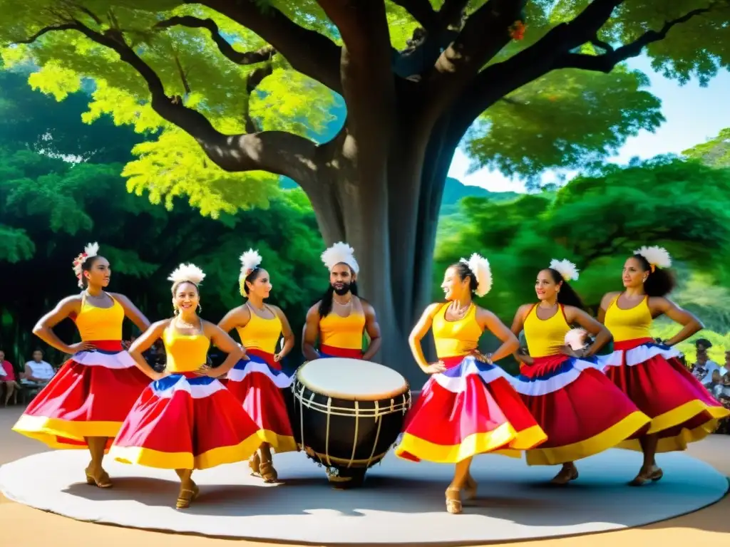 Grupo de bailarines de Bomba en trajes tradicionales puertorriqueños bajo un flamboyán