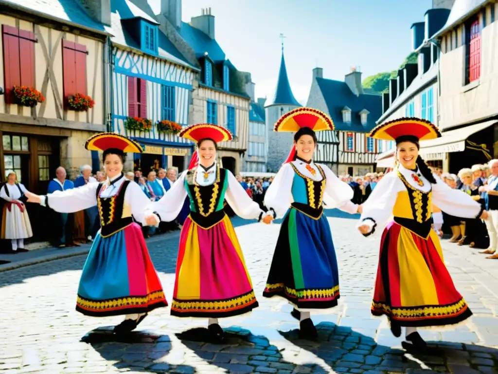 Grupo de bailarines bretones en el Festival Cornouaille, ejecutando danza tradicional con trajes coloridos y elegantes