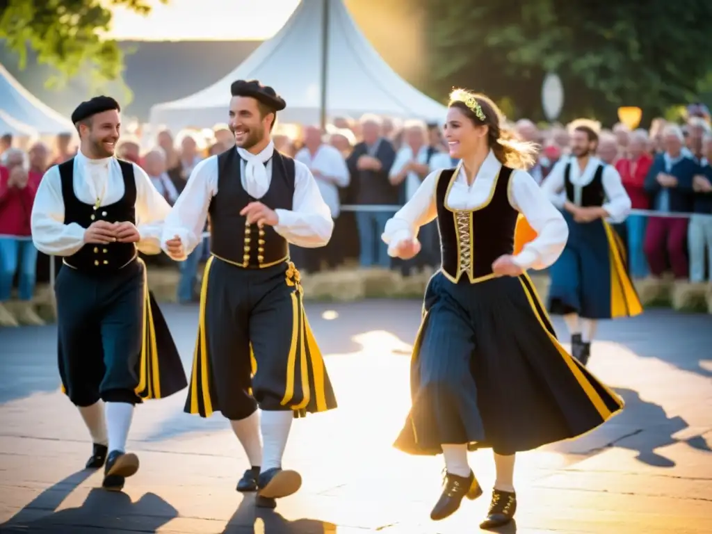 Grupo de bailarines bretones con trajes vibrantes en el Festival Cornouaille, mientras el sol se pone y la multitud disfruta del baile