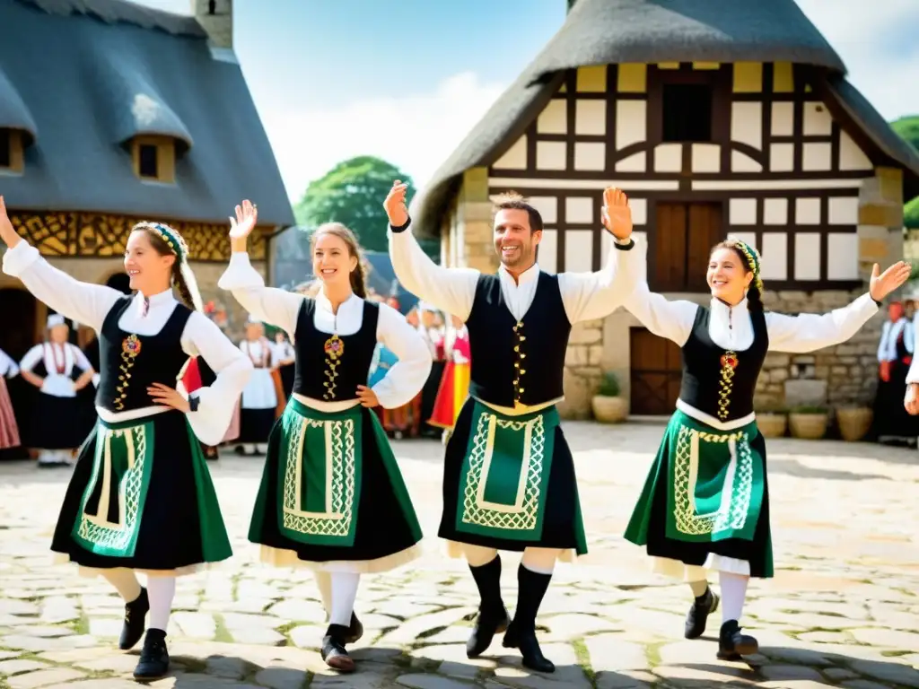 Grupo de bailarines bretones con trajes coloridos y patrones celtas, bailando con energía en la plaza del pueblo