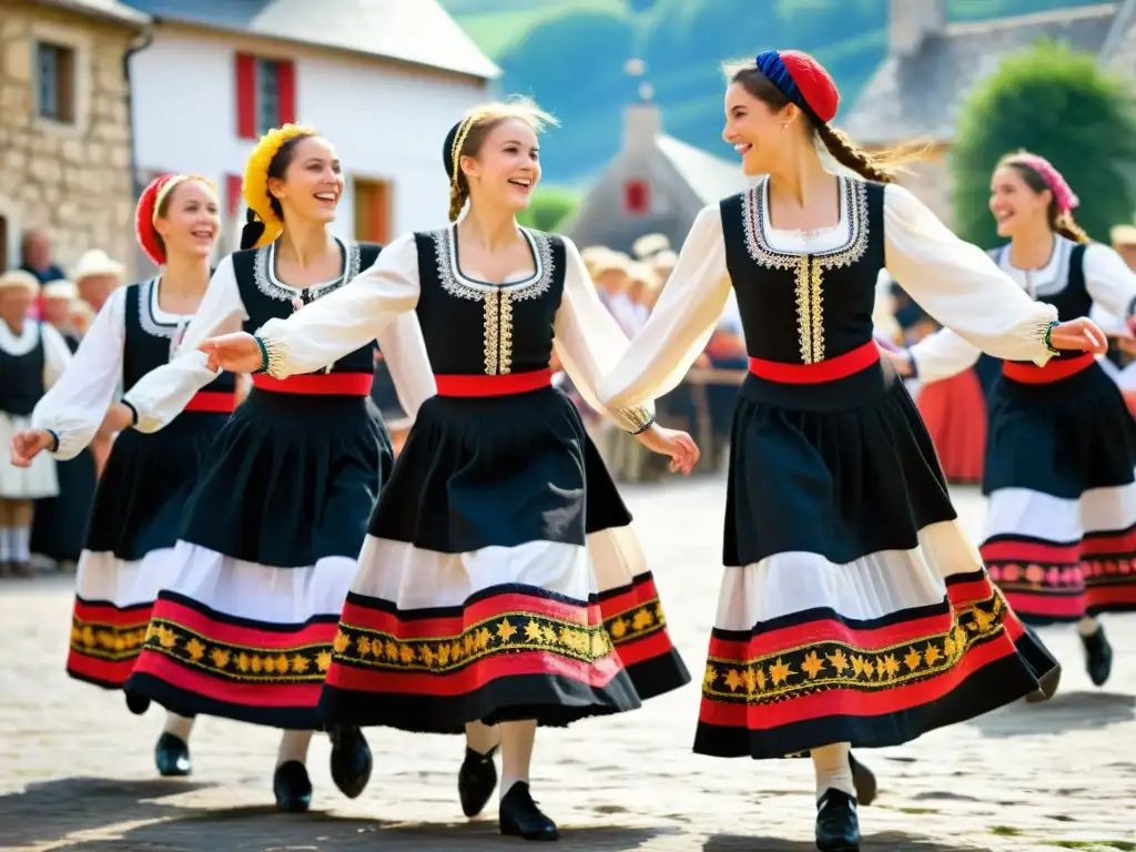 Un grupo de bailarines bretones con trajes tradicionales coloridos bailando la gavotte bretona en una plaza del pueblo